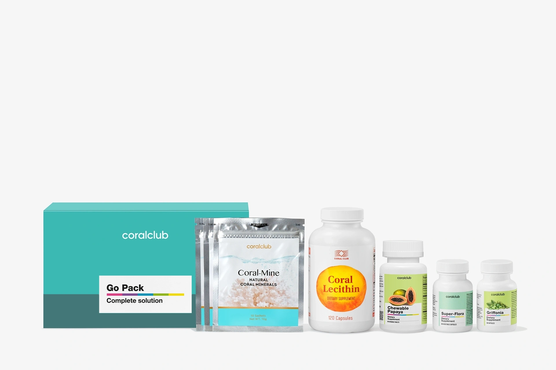 Products from the Go Pack neatly arranged in a row