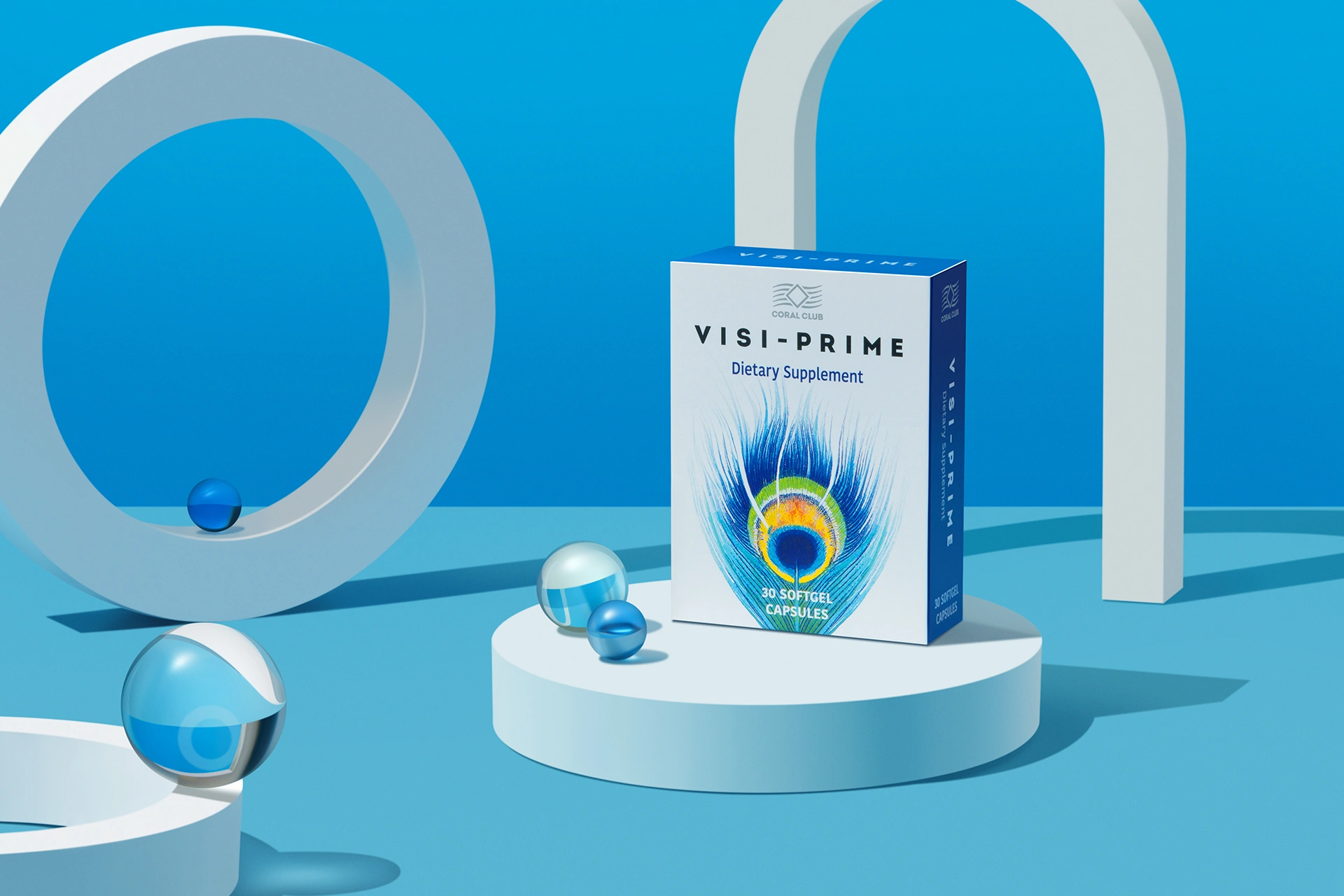 Visi-Prime capsules in a lifestyle setting next to a book and glasses