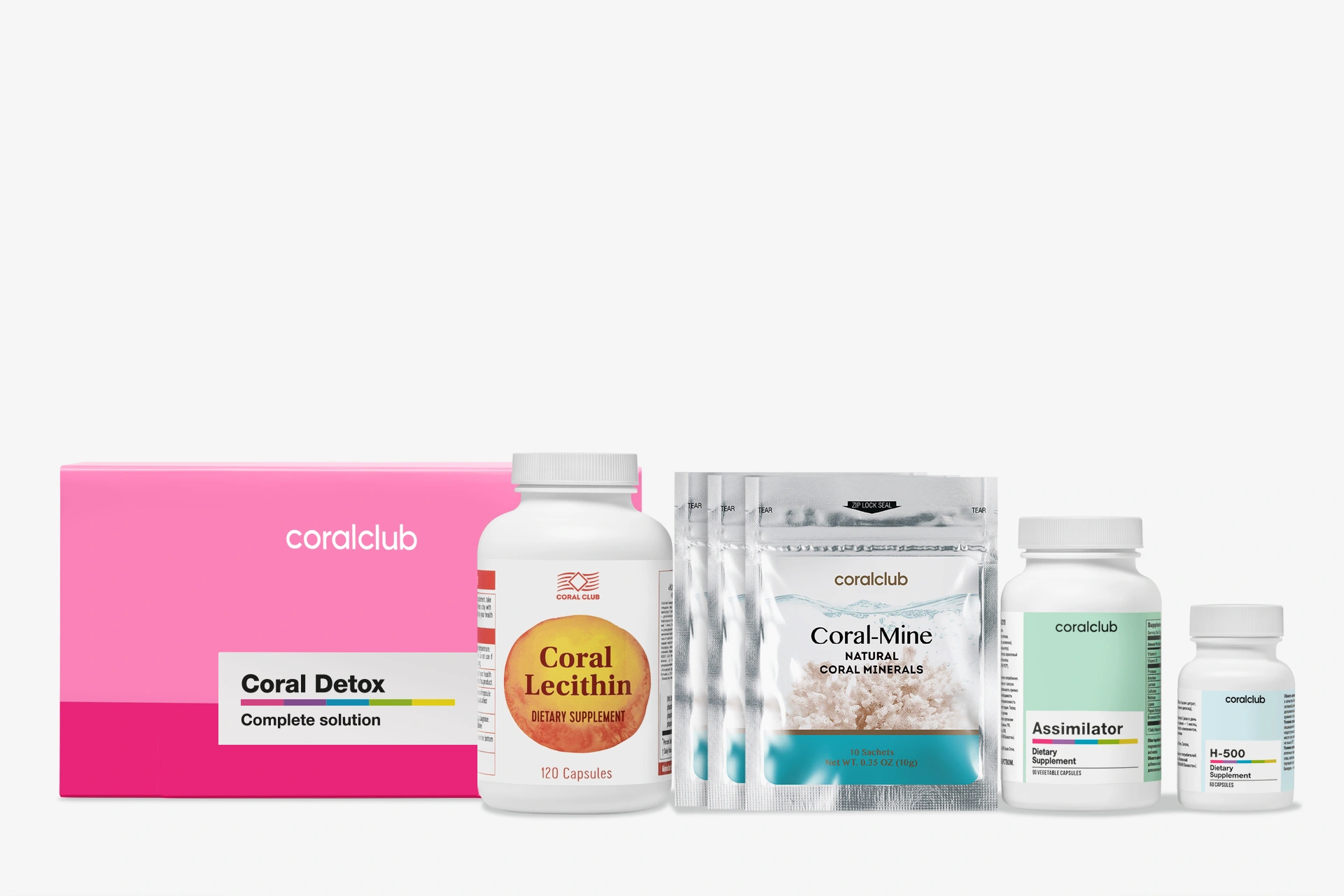 Composition complète des produits du kit Coral Detox, préparés pour un apport quotidien